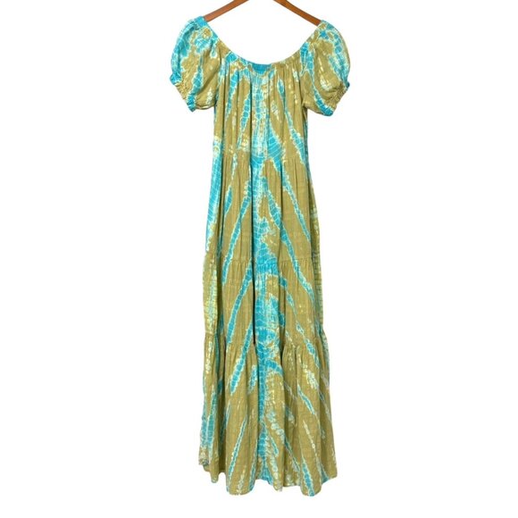 YFB Young Fabulous Broke Off Shoulder Tie Dye Maxi Dress Green Turquoise Size M - Picture 10 of 10